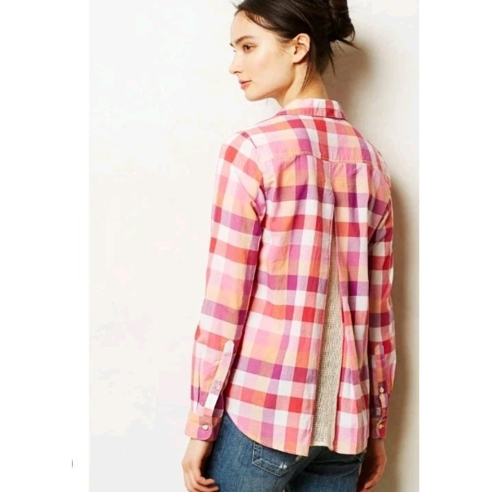 Isabella Sinclair Hibiscus Plaid Button Up Blouse Checked Anthropologie Small